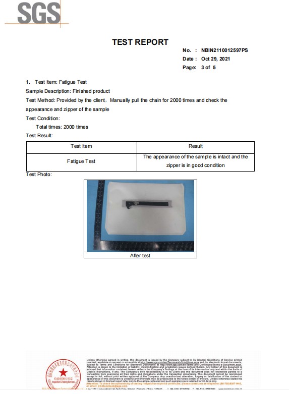 Rapport d'essai sur la durée de vie des fermetures à glissière étanches en résine 10